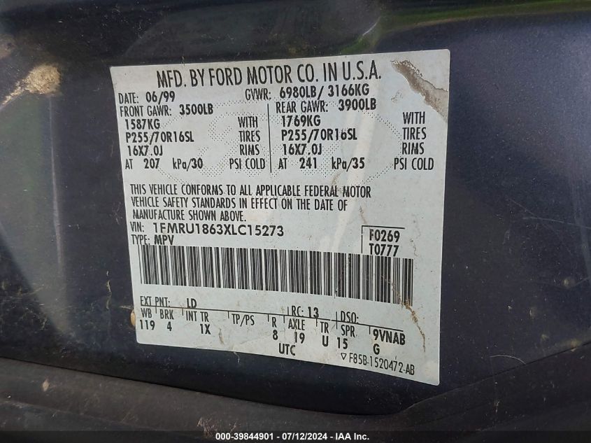1999 Ford Expedition Xlt VIN: 1FMRU1863XLC15273 Lot: 39844901