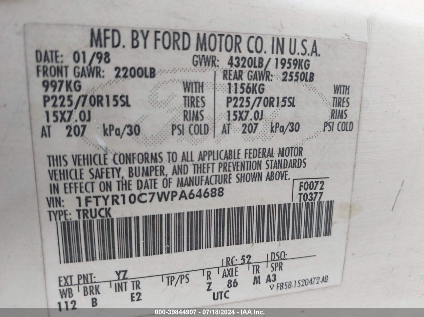 1998 Ford Ranger Splash/Xl/Xlt VIN: 1FTYR10C7WPA64688 Lot: 39844907