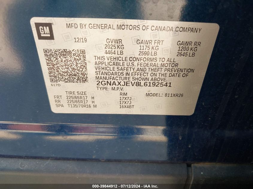 2020 Chevrolet Equinox Fwd 2Fl VIN: 2GNAXJEV8L6192541 Lot: 39844912