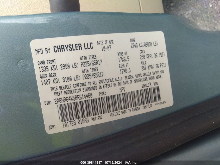 2008 Chrysler Town & Country Limited VIN: 2A8HR64X58R614460 Lot: 39844917