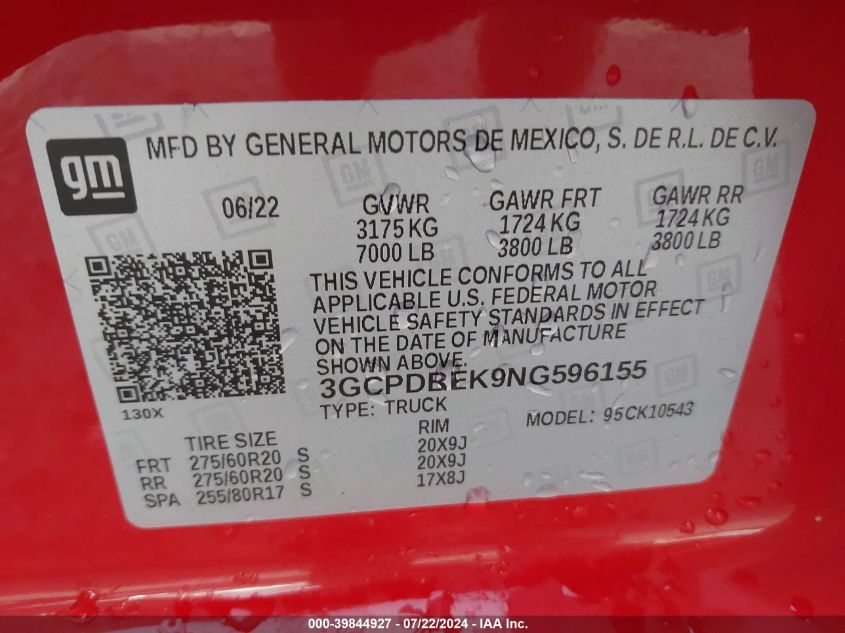 2022 Chevrolet Silverado 1500 Custom VIN: 3GCPDBEK9NG596155 Lot: 39844927