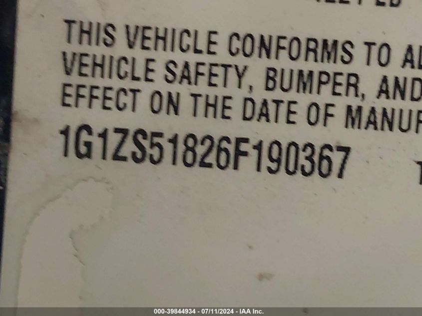 2006 Chevrolet Malibu Ls VIN: 1G1ZS51826F190367 Lot: 39844934