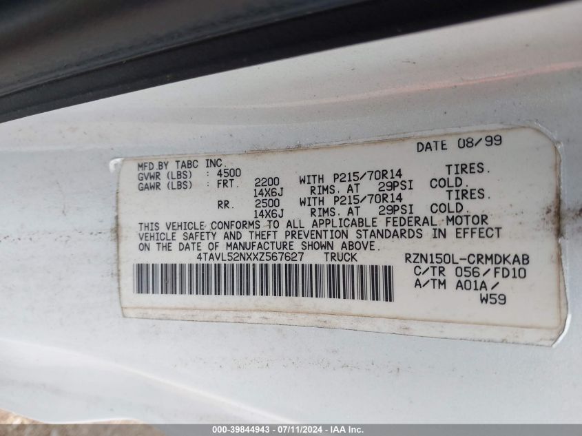 1999 Toyota Tacoma VIN: 4TAVL52NXXZ567627 Lot: 39844943