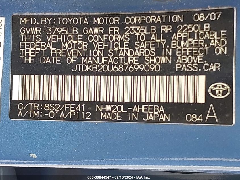 2008 Toyota Prius VIN: JTDKB20U687699090 Lot: 39844947