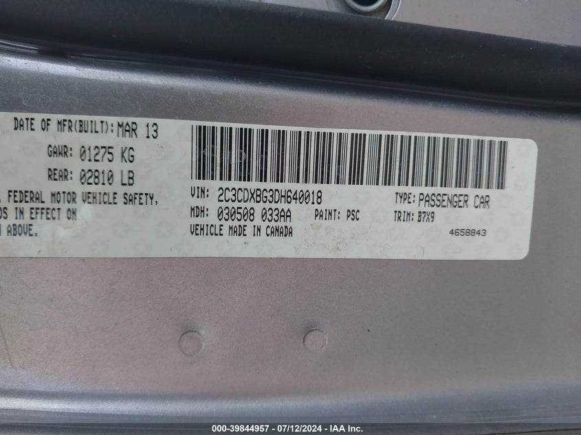 2013 Dodge Charger Se VIN: 2C3CDXBG3DH640018 Lot: 39844957