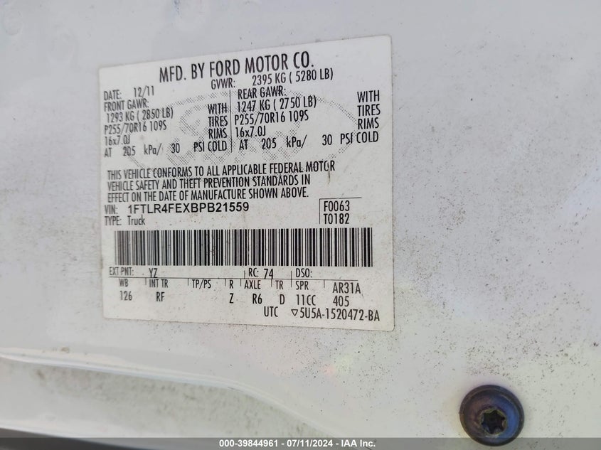 2011 Ford Ranger Xlt VIN: 1FTLR4FEXBPB21559 Lot: 39844961