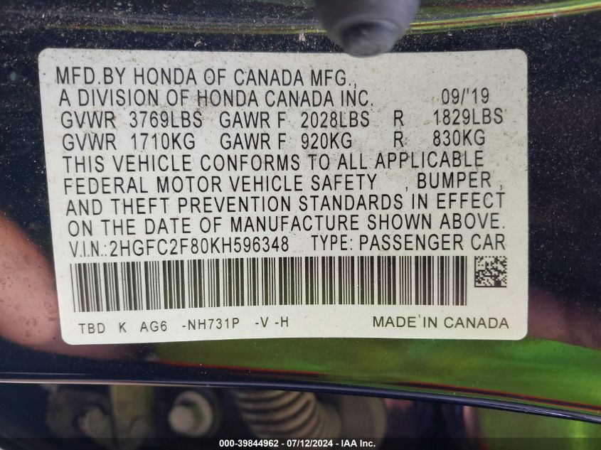 2019 Honda Civic Sport VIN: 2HGFC2F80KH596348 Lot: 39844962