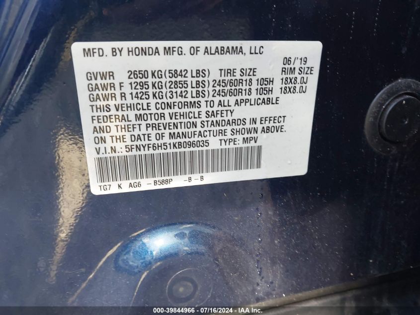 2019 Honda Pilot Exl VIN: 5FNYF6H51KB096035 Lot: 39844966