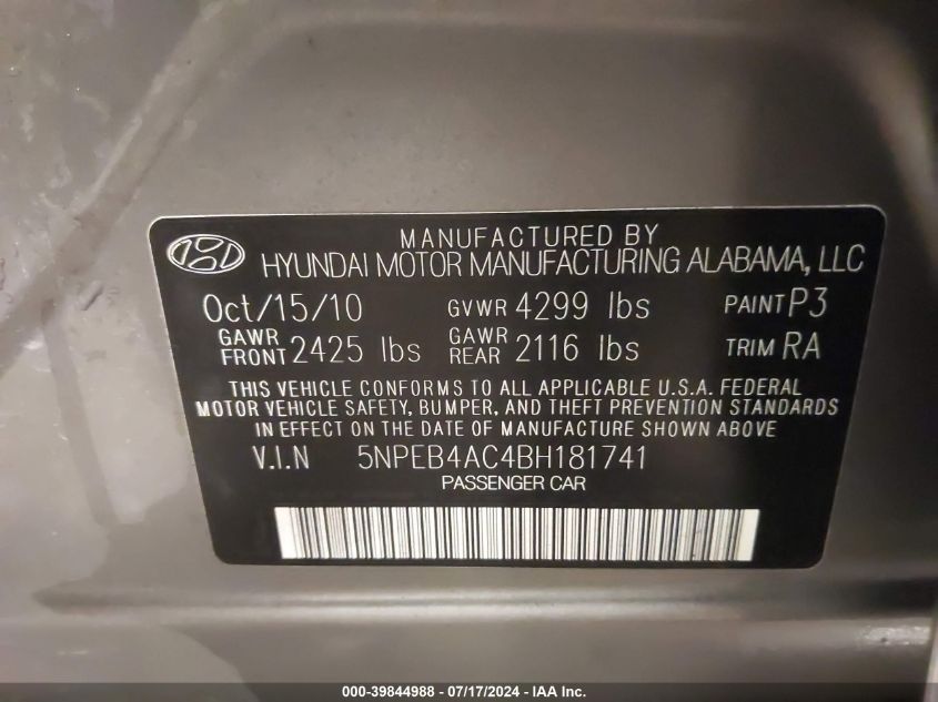 2011 Hyundai Sonata Gls VIN: 5NPEB4AC4BH181741 Lot: 39844988