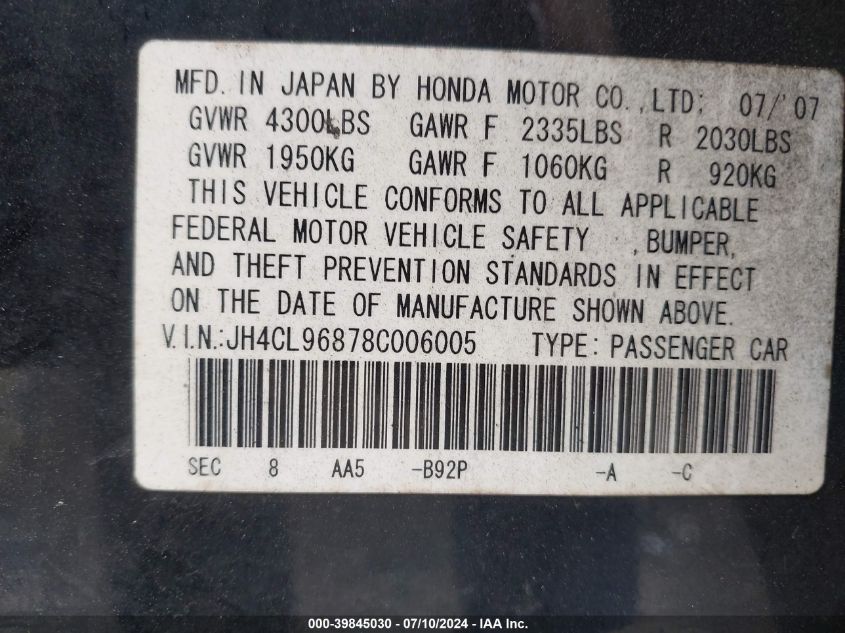 2008 Acura Tsx VIN: JH4CL96878C006005 Lot: 39845030