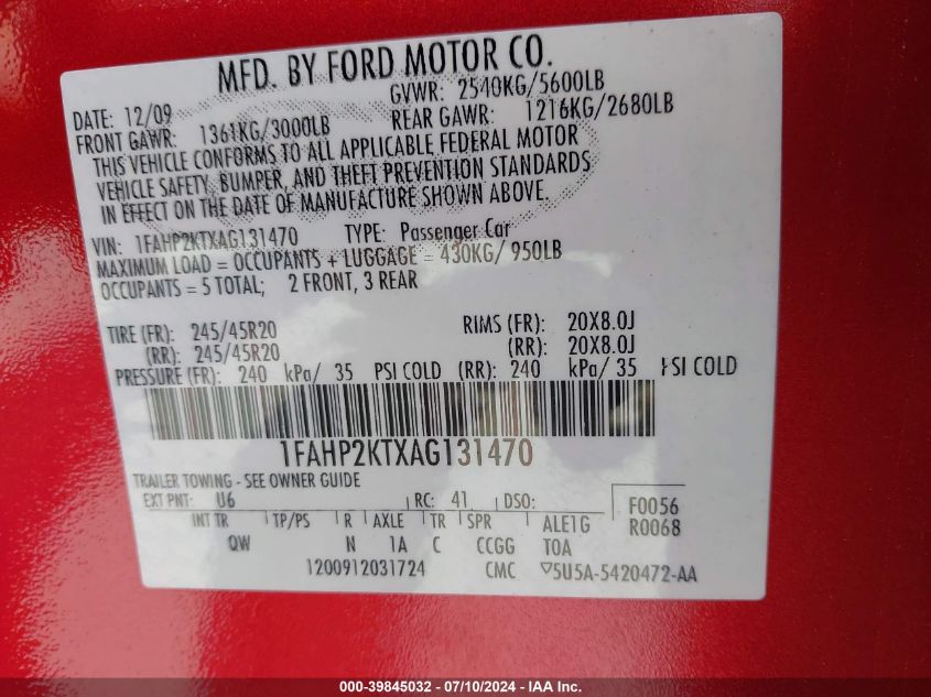 2010 Ford Taurus Sho VIN: 1FAHP2KTXAG131470 Lot: 39845032