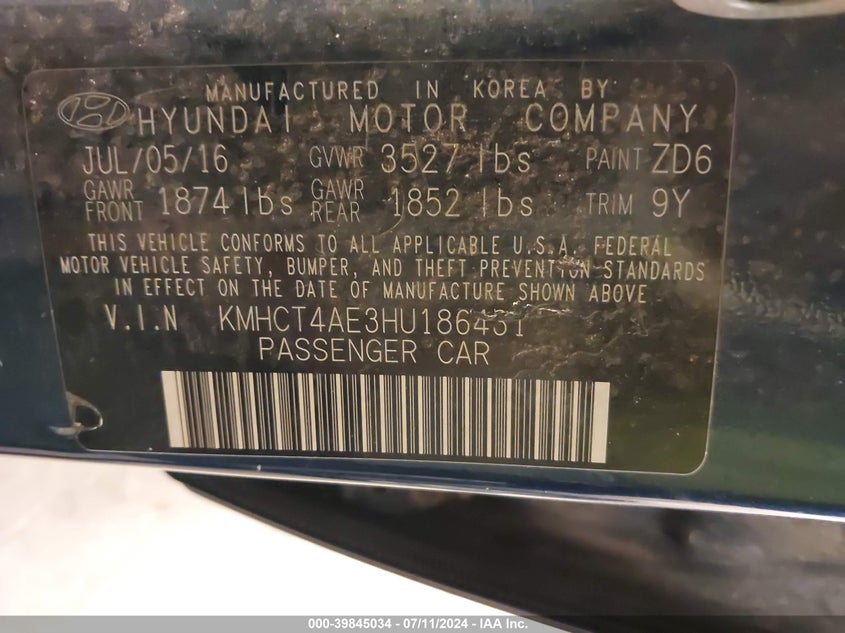 2017 Hyundai Accent Se VIN: KMHCT4AE3HU186431 Lot: 39845034