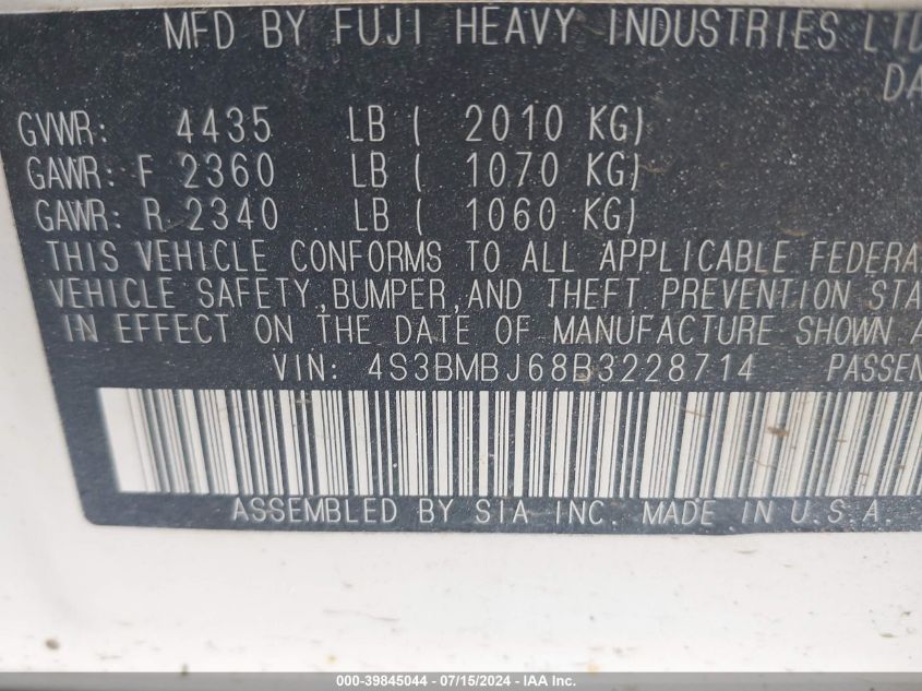 2011 Subaru Legacy 2.5I Limited VIN: 4S3BMBJ68B3228714 Lot: 39845044
