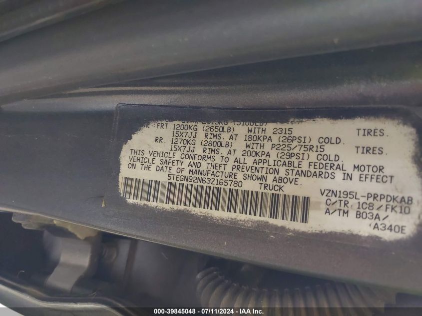 2003 Toyota Tacoma Prerunner V6 VIN: 5TEGN92N63Z165780 Lot: 39845048