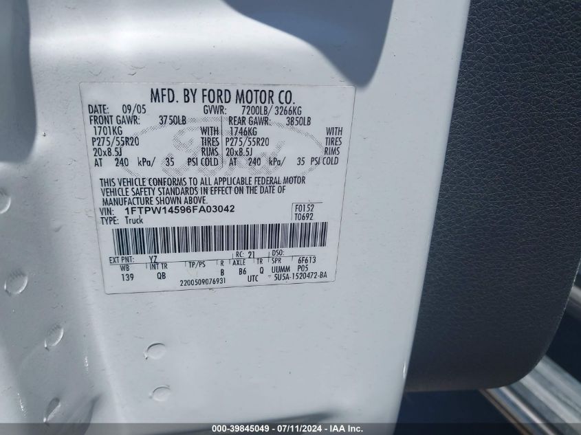 2006 Ford F-150 Fx4/Lariat/Xlt VIN: 1FTPW14596FA03042 Lot: 39845049