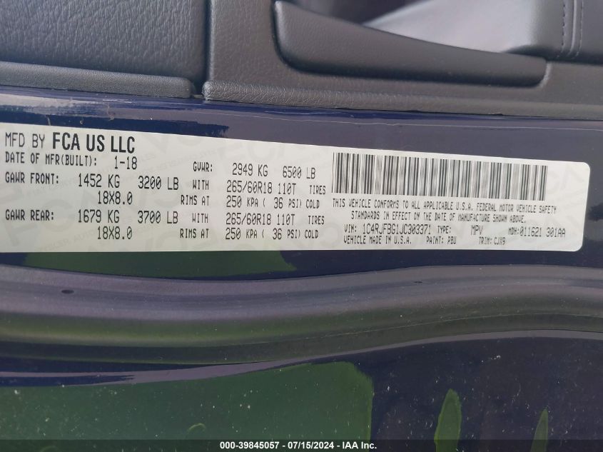 2018 Jeep Grand Cherokee Limited 4X4 VIN: 1C4RJFBG1JC303371 Lot: 39845057