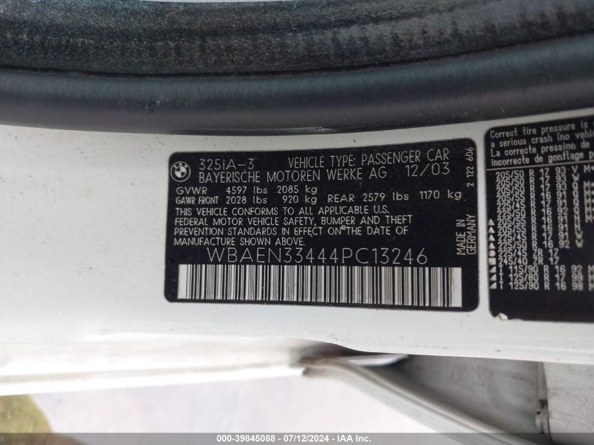 2004 BMW 325 It VIN: WBAEN33444PC13246 Lot: 39845088