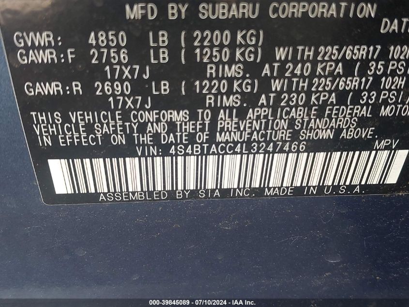 2020 Subaru Outback Premium VIN: 4S4BTACC4L3247466 Lot: 39845089