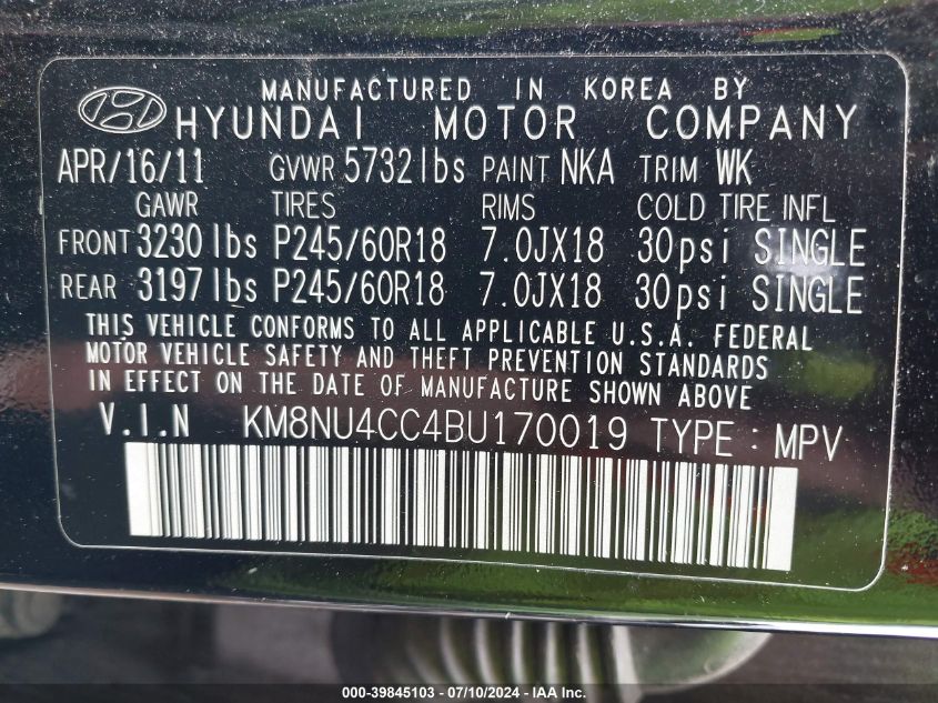 2011 Hyundai Veracruz Limited VIN: KM8NU4CC4BU170019 Lot: 39845103