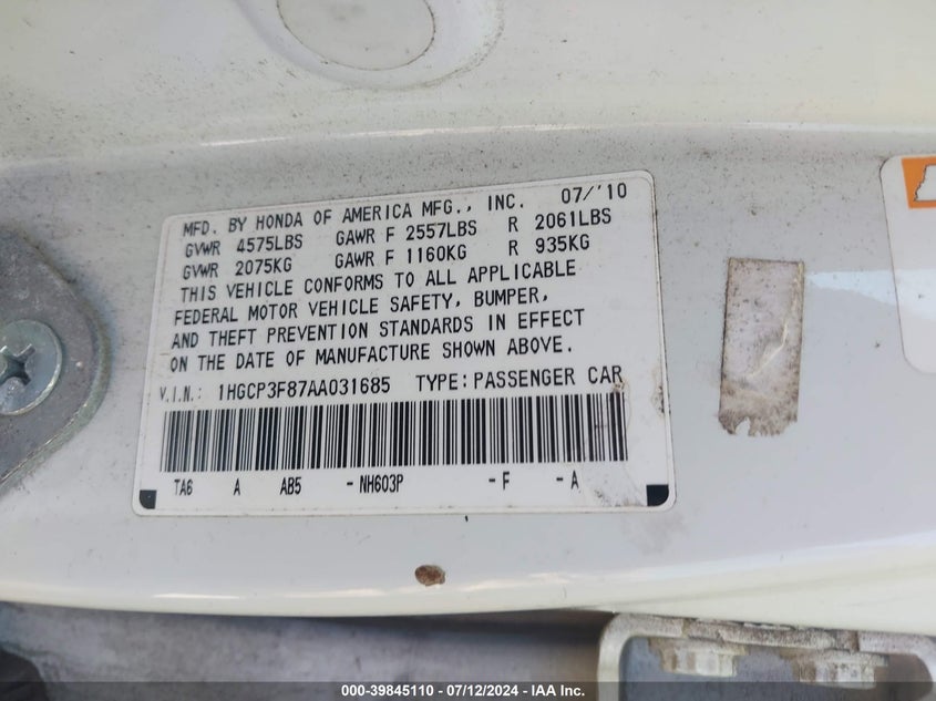 2010 Honda Accord Sdn Ex-L VIN: 1HGCP3F87AA031685 Lot: 39845110
