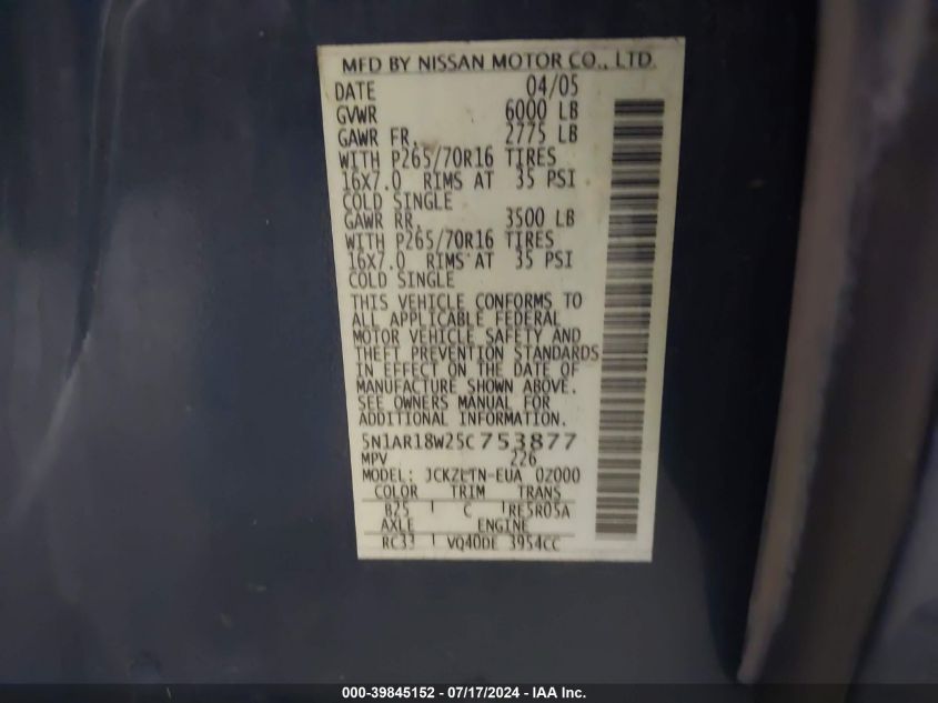 2005 Nissan Pathfinder Se VIN: 5N1AR18W25C753877 Lot: 39845152