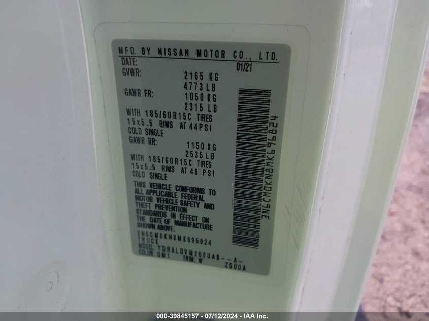 2021 NISSAN NV200 COMPACT CARGO S XTRONIC CVT 3N6CM0KN8MK696824