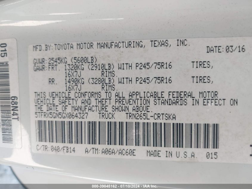2016 Toyota Tacoma Sr VIN: 5TFRX5GN5GX064327 Lot: 39845162
