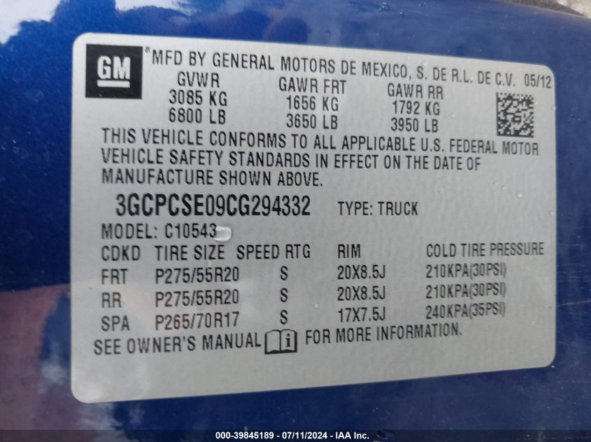 2012 Chevrolet Silverado 1500 Lt VIN: 3GCPCSE09CG294332 Lot: 39845189