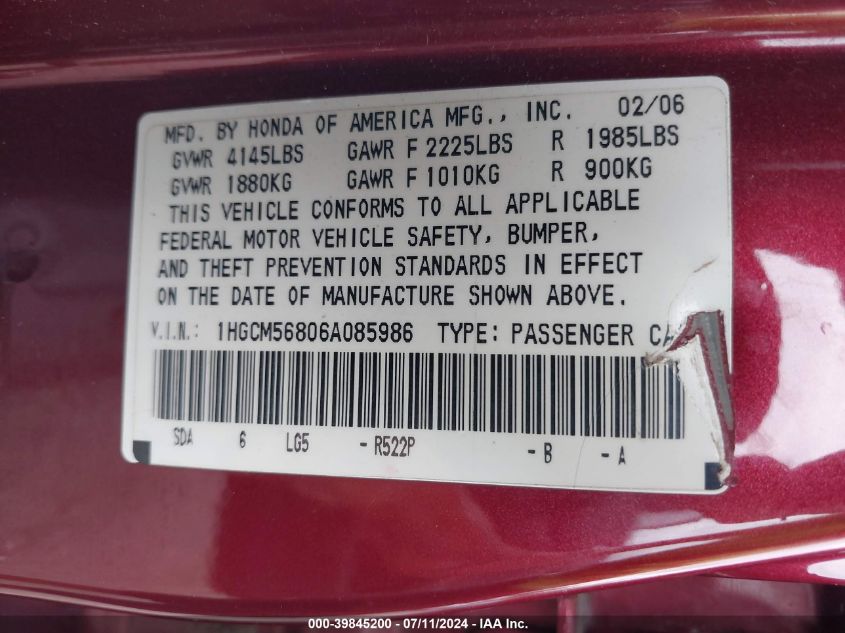 2006 Honda Accord 2.4 Ex VIN: 1HGCM56806A085986 Lot: 39845200