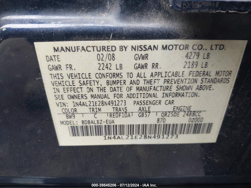 2008 Nissan Altima 2.5 S VIN: 1N4AL21E28N491273 Lot: 39845206