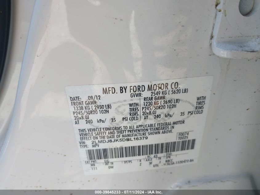 2013 Lincoln Mkx VIN: 2LMDJ8JK5DBL16379 Lot: 39845233