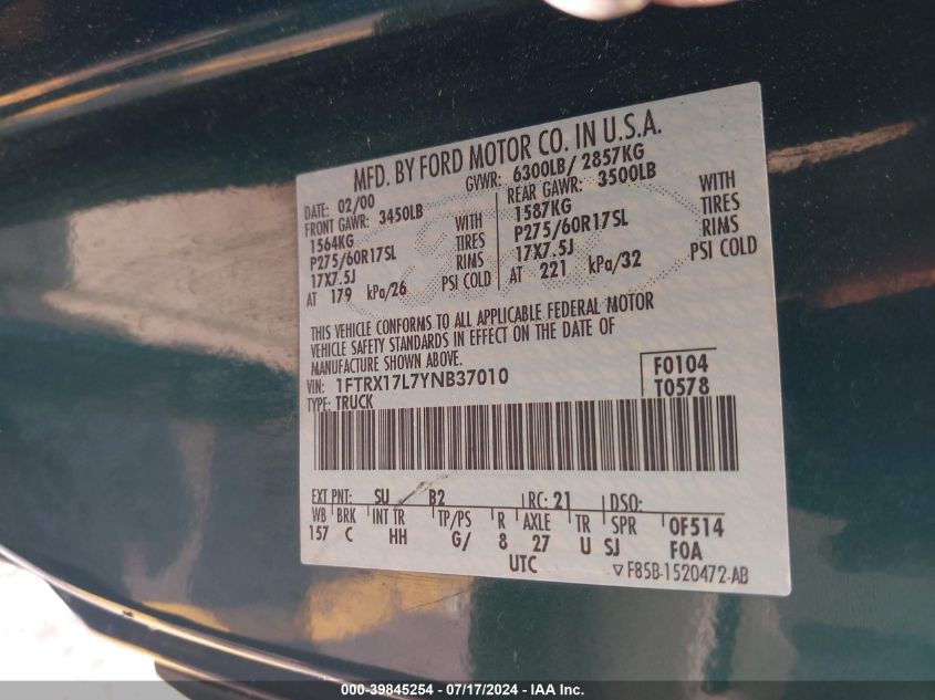 2000 Ford F-150 Lariat/Work Series/Xl/Xlt VIN: 1FTRX17L7YNB37010 Lot: 39845254