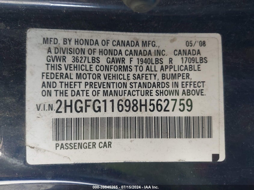 2008 Honda Civic Lx VIN: 2HGFG11698H562759 Lot: 39845265