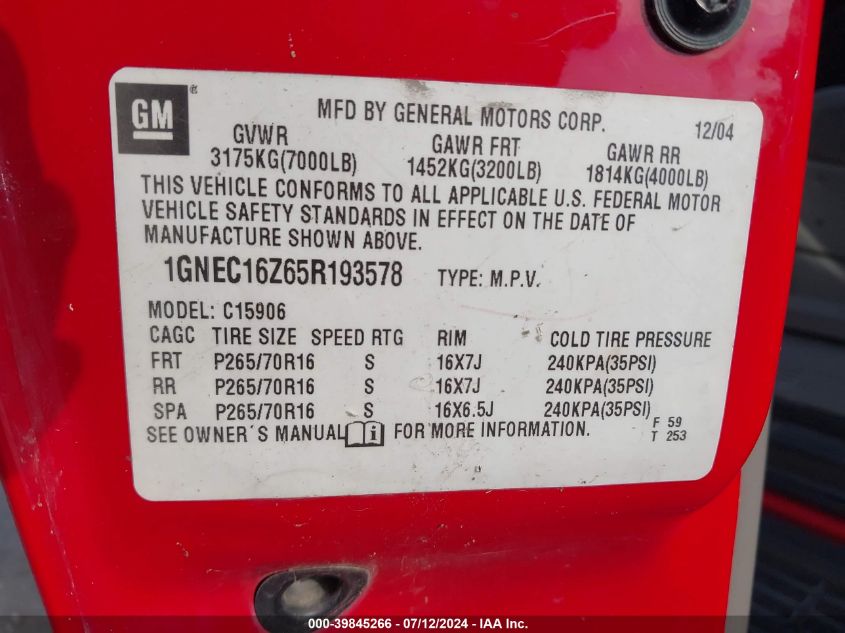 2005 Chevrolet Suburban 1500 Ls VIN: 1GNEC16Z65R193578 Lot: 39845266