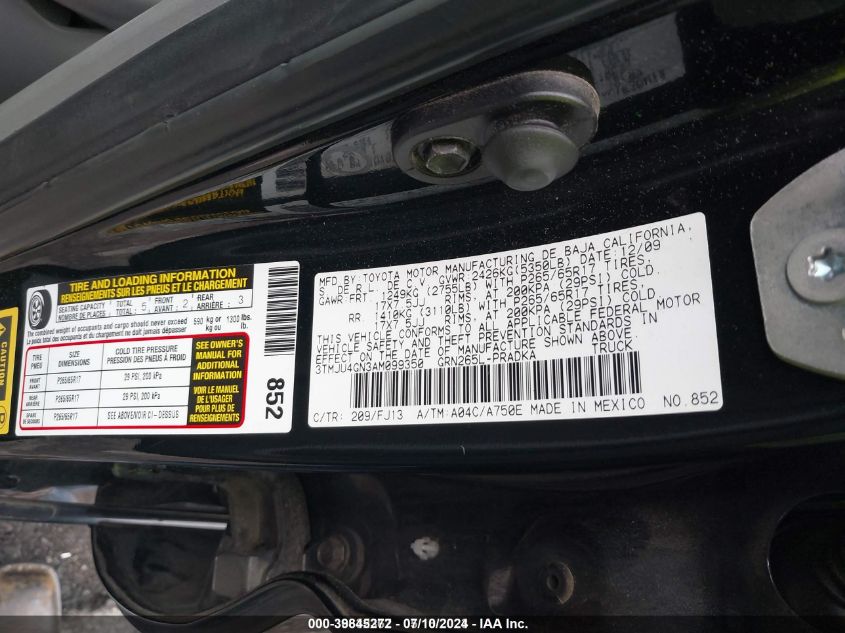 3TMJU4GN3AM099350 2010 Toyota Tacoma Prerunner V6