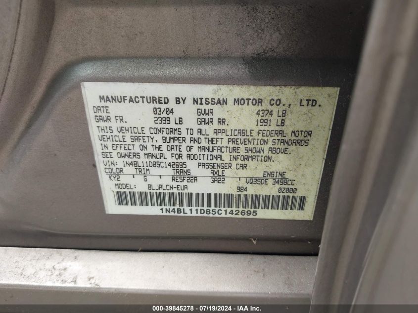 2005 Nissan Altima 3.5 Se VIN: 1N4BL11D85C142695 Lot: 39845278