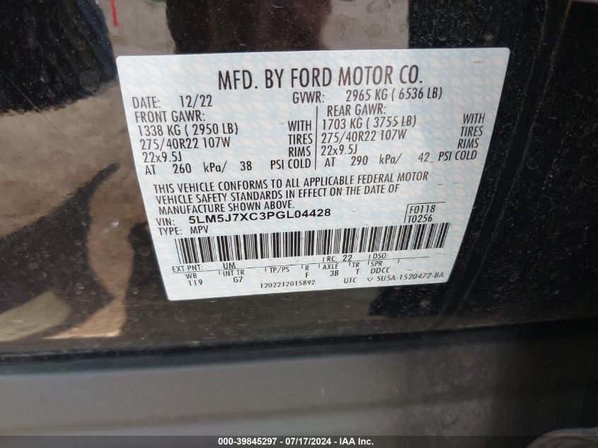 2023 Lincoln Aviator Reserve VIN: 5LM5J7XC3PGL04428 Lot: 39845297