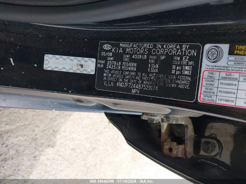 2008 Kia Sportage Lx VIN: KNDJF724487529174 Lot: 39845299