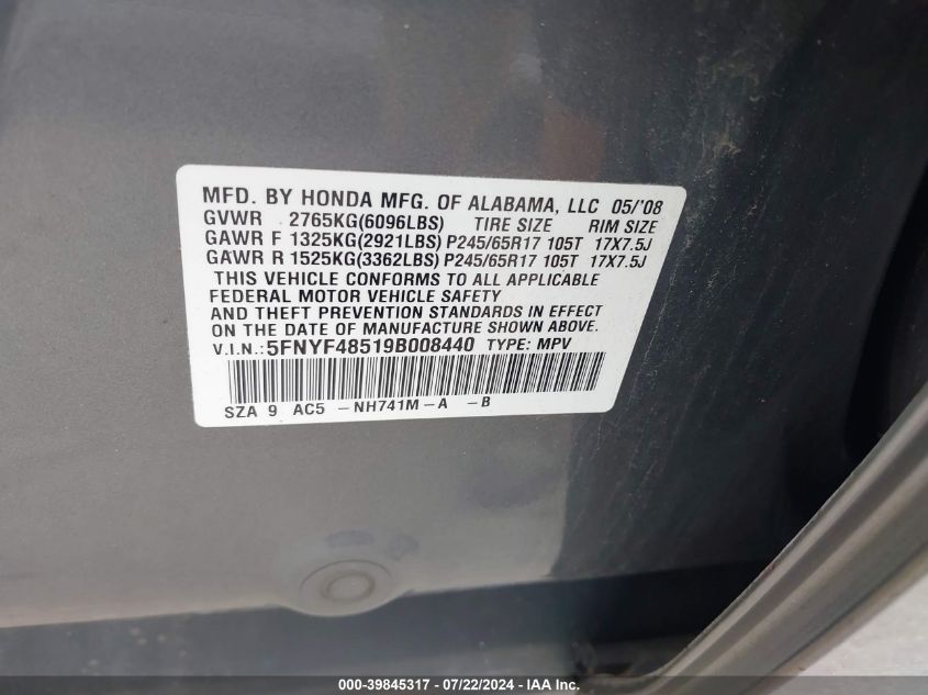 2009 Honda Pilot Ex-L VIN: 5FNYF48519B008440 Lot: 39845317