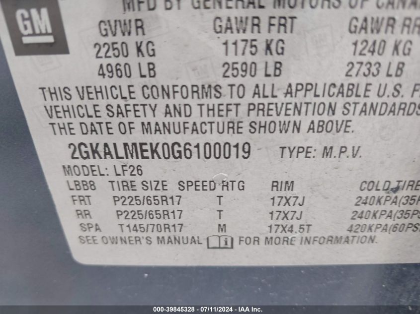 2016 GMC Terrain Sle-1 VIN: 2GKALMEK0G6100019 Lot: 39845328