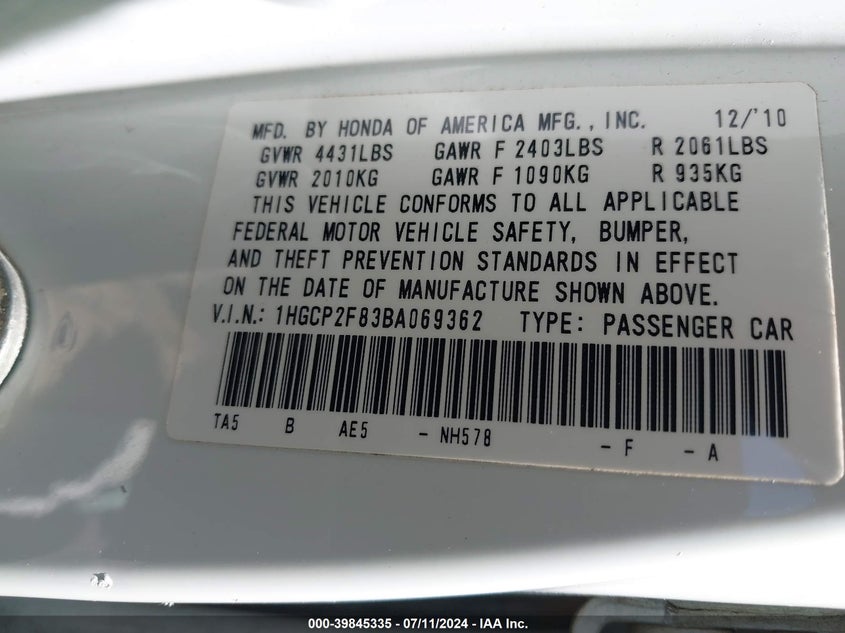 2011 Honda Accord 2.4 Ex-L VIN: 1HGCP2F83BA069362 Lot: 39845335