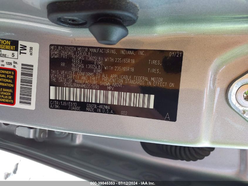 2021 Toyota Highlander Xle VIN: 5TDGZRAH4MS051890 Lot: 39845353