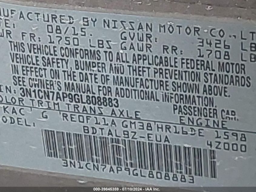 2016 Nissan Versa 1.6 S/1.6 S+/1.6 Sl/1.6 Sv VIN: 3N1CN7AP9GL808883 Lot: 39845359