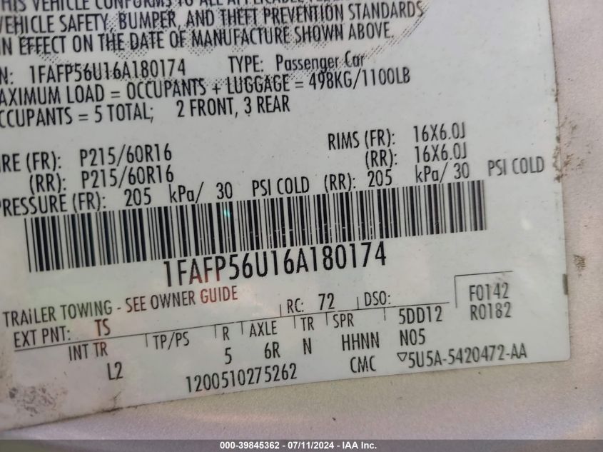 2006 Ford Taurus Sel VIN: 1FAFP56U16A180174 Lot: 39845362