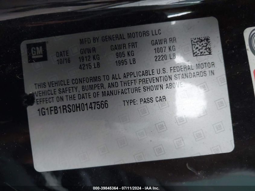 2017 Chevrolet Camaro 1Lt VIN: 1G1FB1RS0H0147566 Lot: 39845364