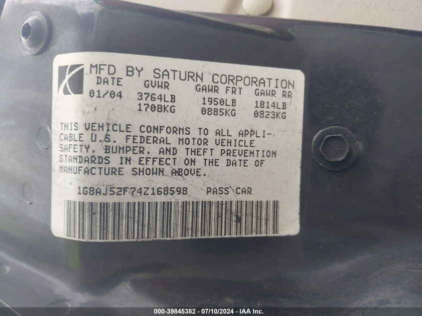 1G8AJ52F74Z168598 | 2004 SATURN ION