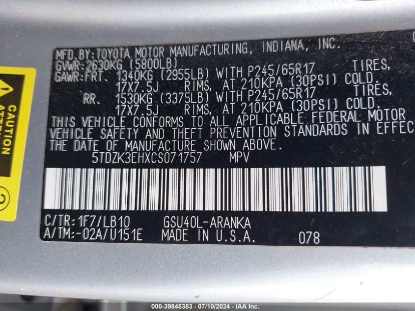 2012 Toyota Highlander Se V6 VIN: 5TDZK3EHXCS071757 Lot: 39845383