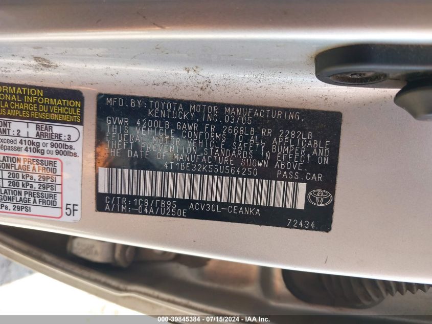 2005 Toyota Camry Le VIN: 4T1BE32K55U564250 Lot: 39845384