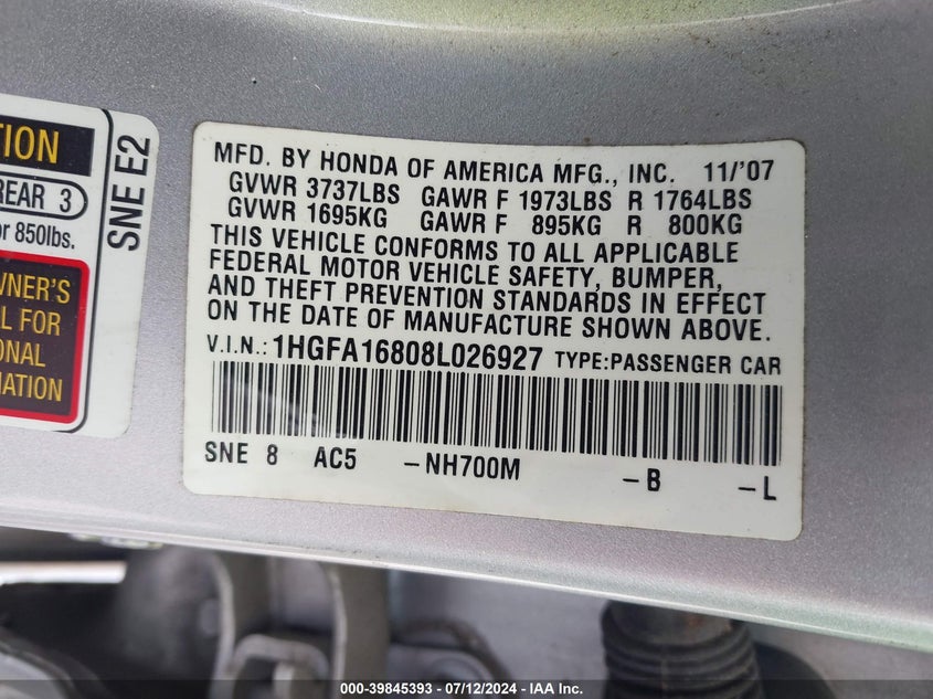 2008 Honda Civic Ex VIN: 1HGFA16808L026927 Lot: 39845393