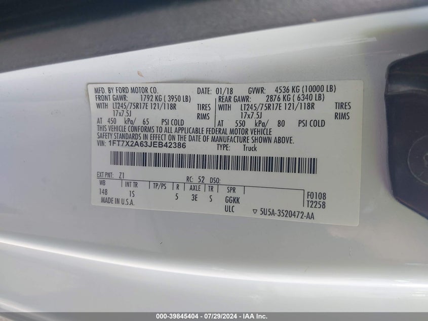 2018 Ford F250 Super Duty VIN: 1FT7X2A63JEB42386 Lot: 39845404